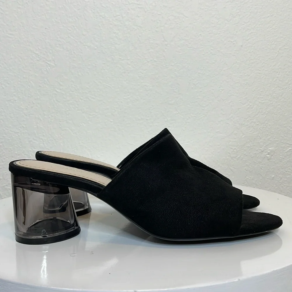 ZARA BLACK FAUX SUEDE SLIDE SANDALS LUCITE ROUND HEEL OPEN TOE MINIMALIST MULES - Picture 5 of 14